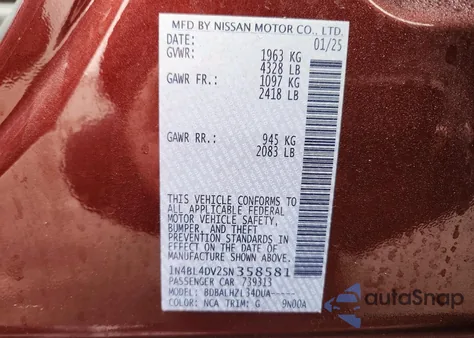 2025 Nissan Altima 2.5 Sv from USA, damaged, VIN 1N4BL4DV2SN358581